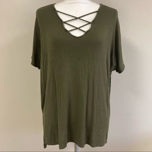 LYSS LOO Olive Green Criss Cross V-Neck Hi-Low Top